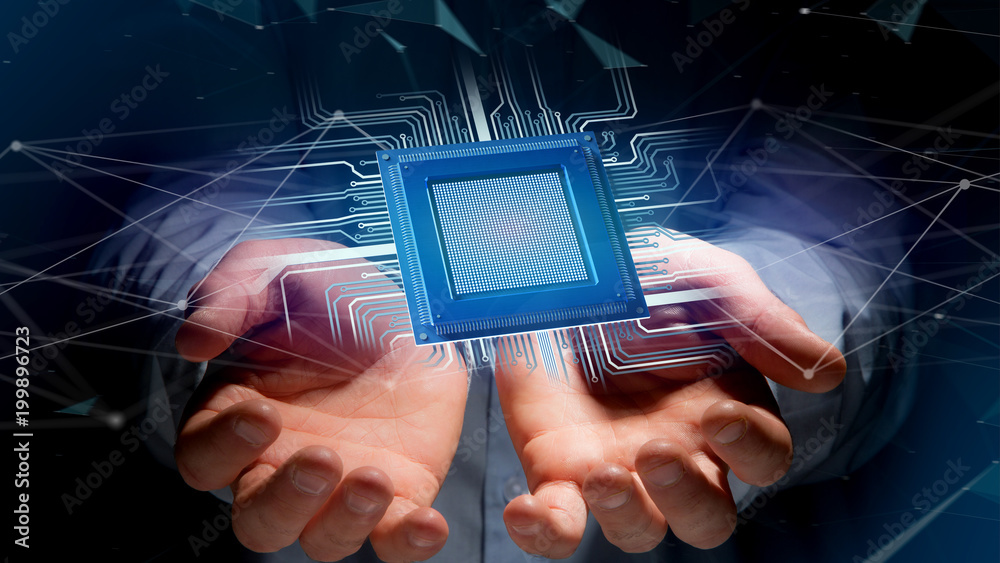 Poster processor chip and network connection - 3d render