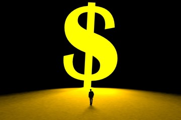 Success concept with businessman, Image of miniature businessman standing in front of wall with dollar hole door background, 3D rendering