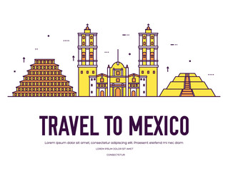 Country Mexico travel vacation of place and feature. Set of architecture, item, nature background concept. Infographic traditional ethnic flat, outline, thin line icon