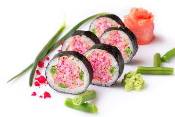 Sushi roll turned on a white background. Sushi Japanese food in a restaurant. Japanese restaurant menu. Unusual pink rolls. Isolated.