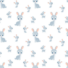 Rabbit family. Seamless pattern with cute animals and their cubs. Colorful vector background in cartoon style.