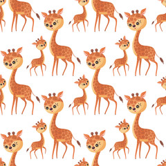 Giraffe family. Seamless pattern with cute animals and their cubs. Colorful vector background in cartoon style.
