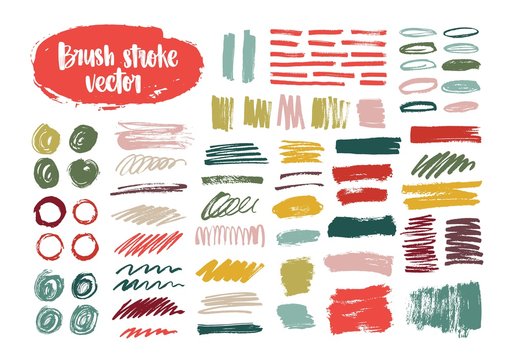 Collection of colorful brush strokes, paint traces, smudges, smears, stains, scribble isolated on white background. Set of bright colored hand drawn design elements. Modern vector illustration.