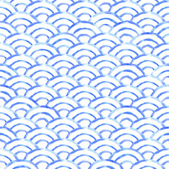 Fish scales seamless background, hand drawn watercolor blue reeating pattern.