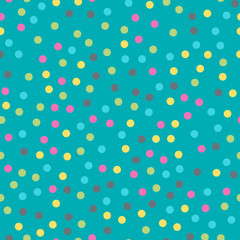 Colorful polka dots seamless pattern on bright 10 background. Magnetic classic colorful polka dots textile pattern. Seamless scattered confetti fall chaotic decor. Abstract vector illustration.