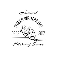 Doodle style drama or theater masks. World writer day badge.  illustration isolated on white