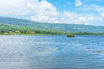 Beautiful Lake view Landscape of lake and  mountain with blue sky.
