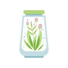 Pink flowers with green leaves inside glass florarium vase with lid. Gentle plant in jar. Flat vector design for home decor, postcard or print