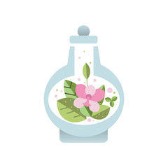 Fresh pink flower with green leaves inside glass vessel with lid. Botanical theme. Decorative flat vector element for poster of florist store