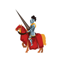 Valorous knight riding horse with lance in hand. Royal guardian in shiny armor. Medieval sports tournament. Flat vector design for mobile game or poster