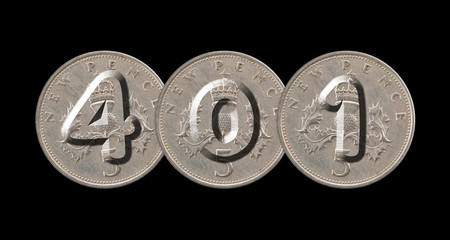 Number 401  with old coins on black background