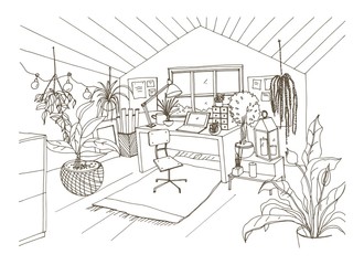 Monochrome drawing of cozy cabinet, mansard or attic room furnished in modern Scandinavian hygge style and decorated with light garlands, candles, potted plants. Hand drawn vector illustration.