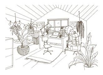 Monochrome drawing of cozy cabinet, mansard or attic room furnished in modern Scandinavian hygge style and decorated with light garlands, candles, potted plants. Hand drawn vector illustration. © Good Studio