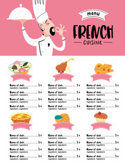 French cuisine. Menu. A set of French dishes and pastries.