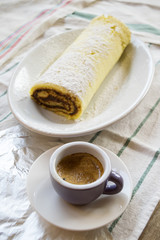 expresso coffee and swiss roll cake