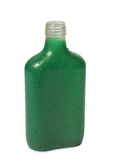 Green glass flask and whiskey on white background