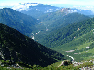 panorama view of all Kamikochi / 岳沢(吊り尾根)から眺める盛夏の上高地の全景