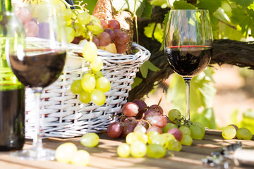still life with glass of red wine grapes and picnic basket on table