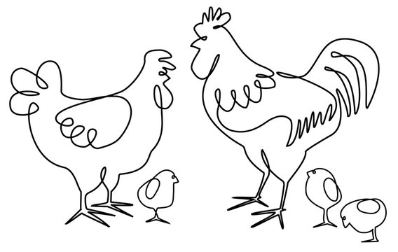 Cock, hen and chickens one line drawing design