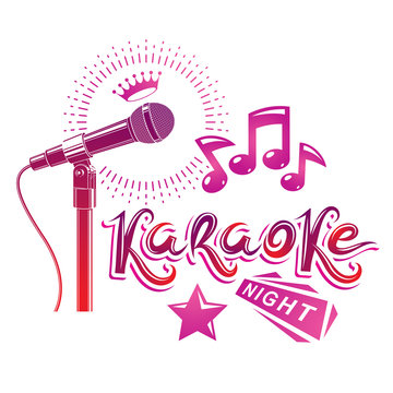 Karaoke night and nightclub discotheque vector invitation leaflet created with stage microphone with royal crown and musical notes.