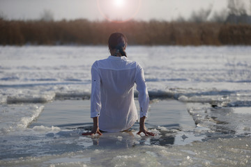 Swimming in cold water.Feast of the baptism of the god Jesus. Russian tradition.Kupanie in icy...