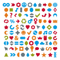 Different colorful flat web icons set made on music, environment, economics and other social themes. Collection of geometric simple business elements can be used in graphic design.