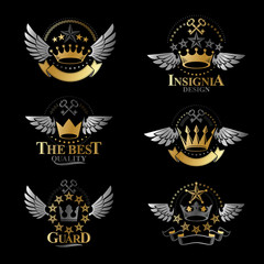 Majestic Crowns emblems set. Heraldic Coat of Arms decorative logos isolated vector illustrations collection.