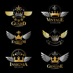 Majestic Crowns emblems set. Heraldic Coat of Arms decorative logos isolated vector illustrations collection.