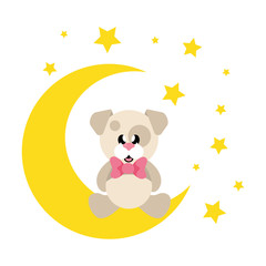 cartoon cute dog with tie sitiing and moon