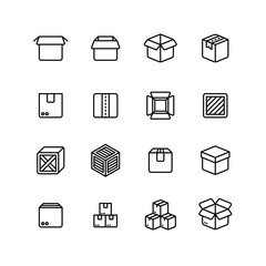 Paper and wood box line icons. Shipping packing outline vector pictograms