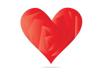 Bright red vector heart icon. Simple flat design vector heart of glossy red triangular shapes isolated on white background.