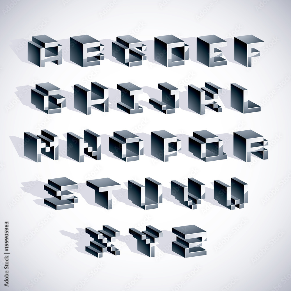 Poster vector font, typescript created in 8 bit style. pixel art contemporary capital letters set, 3d digit