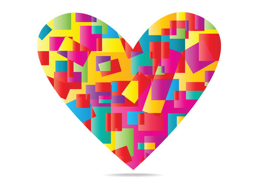 Bright vector heart icon of rainbow squares. Trendy vector heart isolated on white background.