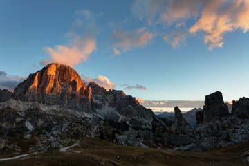 Mountain Cinque Torri (The Five Pillars) in sunrise, Dolomites, Italy