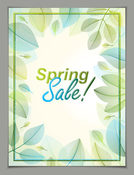 Design vertical banner with Spring typing logo, green and fresh leaves frame composition background. Seasonal card, promotion offer. Stylish classy botanical drawing, environment.