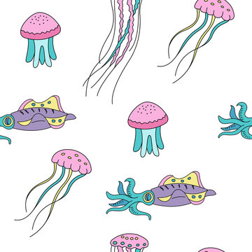 Jellyfish and squid. Seamless pattern.