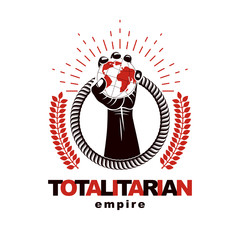 Vector logo composed using strong muscular raised arm surrounded by rope and holding Earth globe. Authority as the means of global control and manipulation.