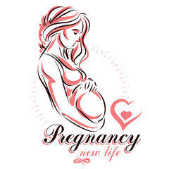 Elegant pregnant woman body silhouette drawing. Vector illustration of mother-to-be fondles her belly. Gynecology and pregnancy medical care clinic promotion leaflet