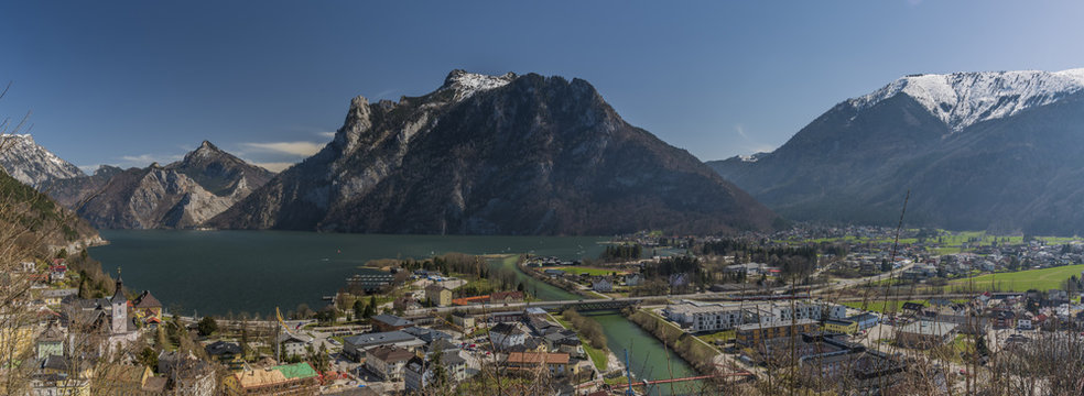 Panorama of Ebensee sea and town in big Alps