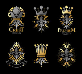Fototapeta na wymiar Royal symbols Lily Flowers, floral and crowns, emblems set. Heraldic vector design elements collection. Retro style label, heraldry logo.