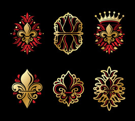 Lily Flowers Royal symbols, floral and crowns,  emblems set. Heraldic Coat of Arms decorative logos isolated vector illustrations collection.
