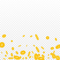 Bitcoin, internet currency coins falling. Scattered disorderly BTC coins on transparent background. Posh scatter bottom gradient vector illustration. Jackpot or success concept.