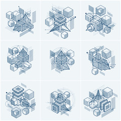 Isometric abstract backgrounds with lines and other different elements, vector abstract templates. Compositions of cubes, hexagons, squares, rectangles and different abstract elements. Vector set.