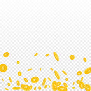 Bitcoin, internet currency coins falling. Scattered disorderly BTC coins on transparent background. Posh scatter bottom gradient vector illustration. Jackpot or success concept.