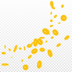 Indian rupee coins falling. Scattered disorderly INR coins on transparent background. Emotional big radiant left top corner vector illustration. Jackpot or success concept.