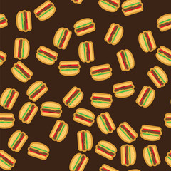 Pattern delicious burgers with juicy meat, vegetables and cheese on fresh bun with sesame on brown background. Burger pattern background.