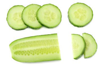 fresh cucumber slices isolated on white background. top view