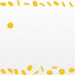Indian rupee coins falling. Scattered sparse INR coins on transparent background. Fine borders vector illustration. Jackpot or success concept.