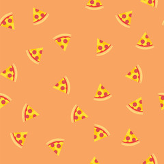 Fototapeta premium Pizza slices with sausage and cheese pattern background. Appetizing pizza slices seamlesss pattern.