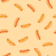 Hot dogs with sausage, tomato ketchup and mustard sauce seamless pattern. Pattern hot dogs on colored background.